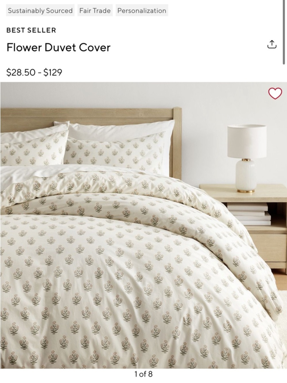 Pottery Barn Teen Flower Duvet Cover and 2 shams in Cream and Sage
